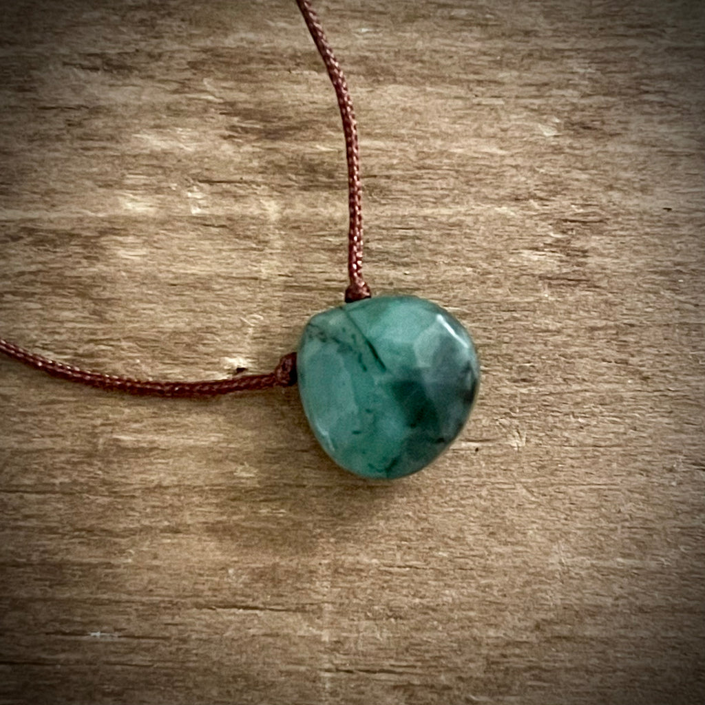 Emerald on Cord Heart Drop  LOVE - CLAIRTY- INNER PEACE