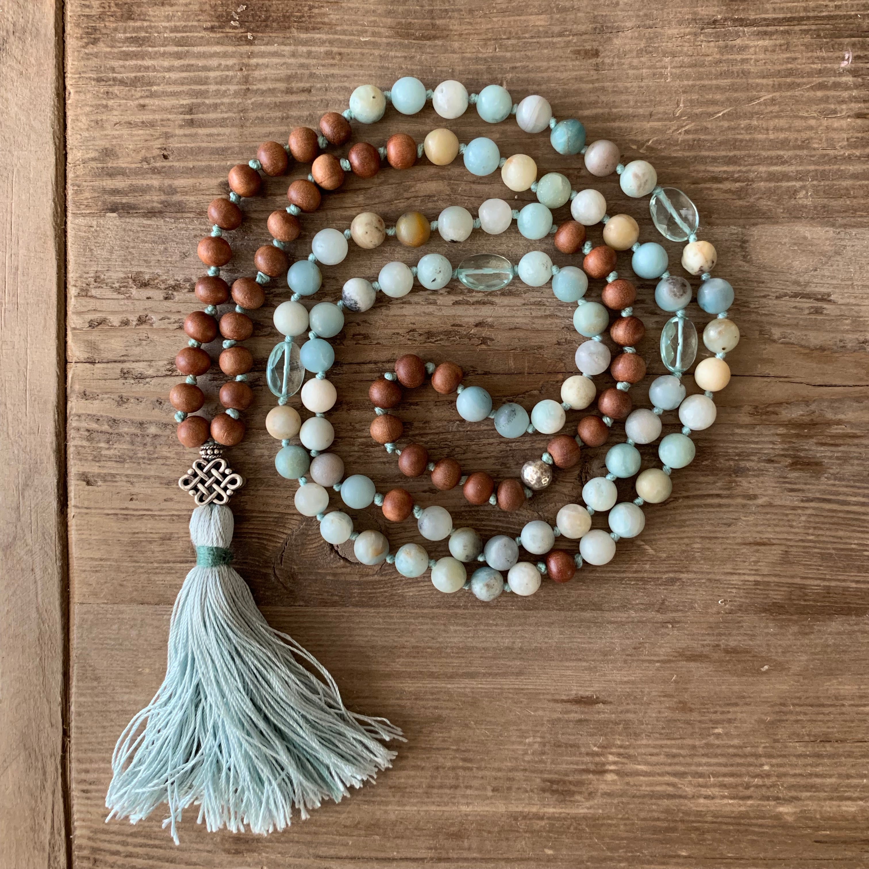 Amazonite and Blue Topaz with Sandalwood 108 Bead Mala with Sterling Silver Knot Guru Bead