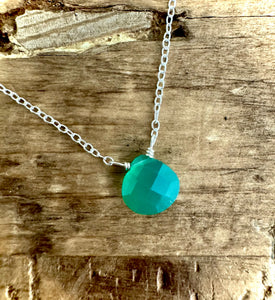 Green Onyx Heart Drop on Gold Filled or Sterling Silver Chain