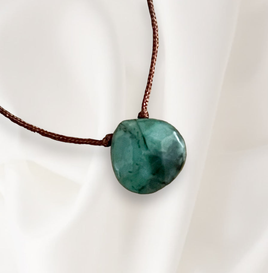 Emerald on Cord Heart Drop  LOVE - CLAIRTY- INNER PEACE