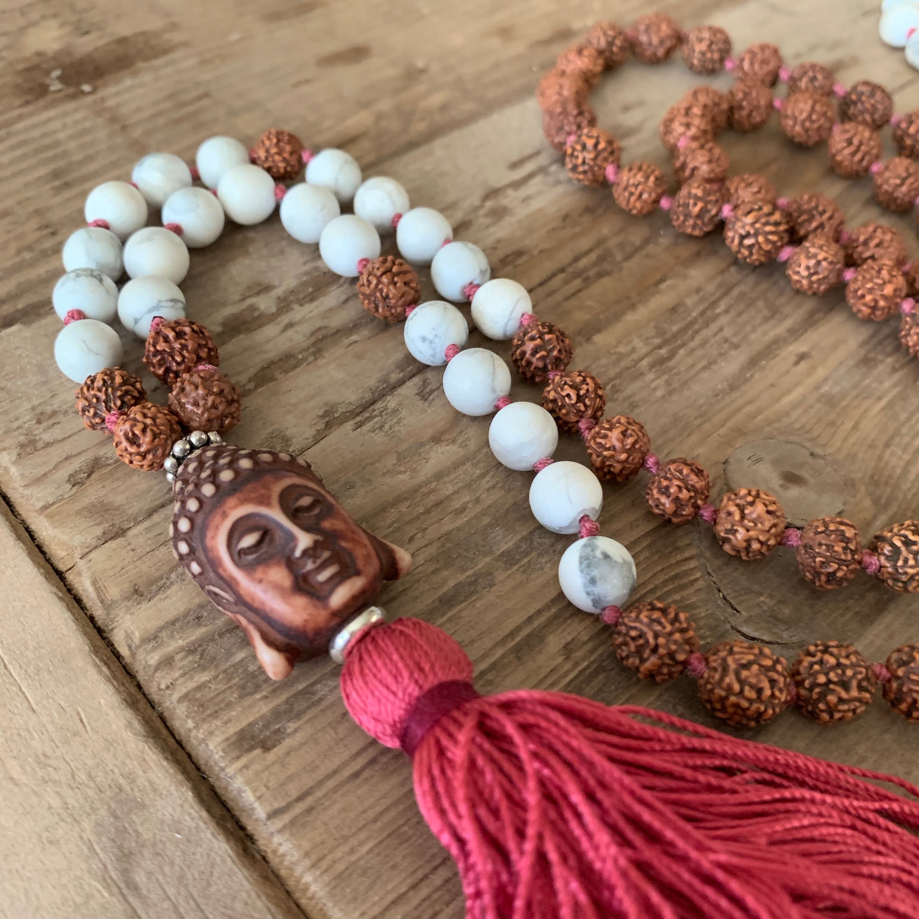 Howlite and Rudraksha Seed 108 Bead Mala with Buddha Head and Silk Tassel