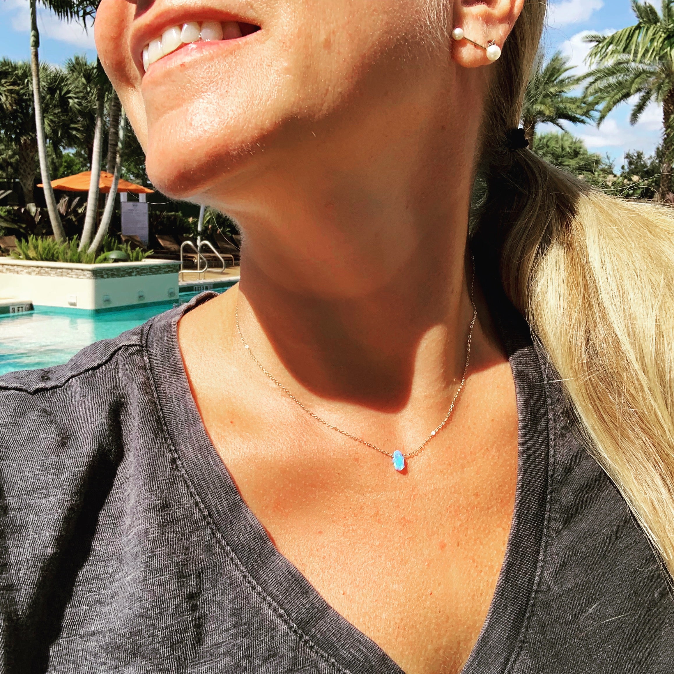 Tiny Hamsa Necklace in Aqua
