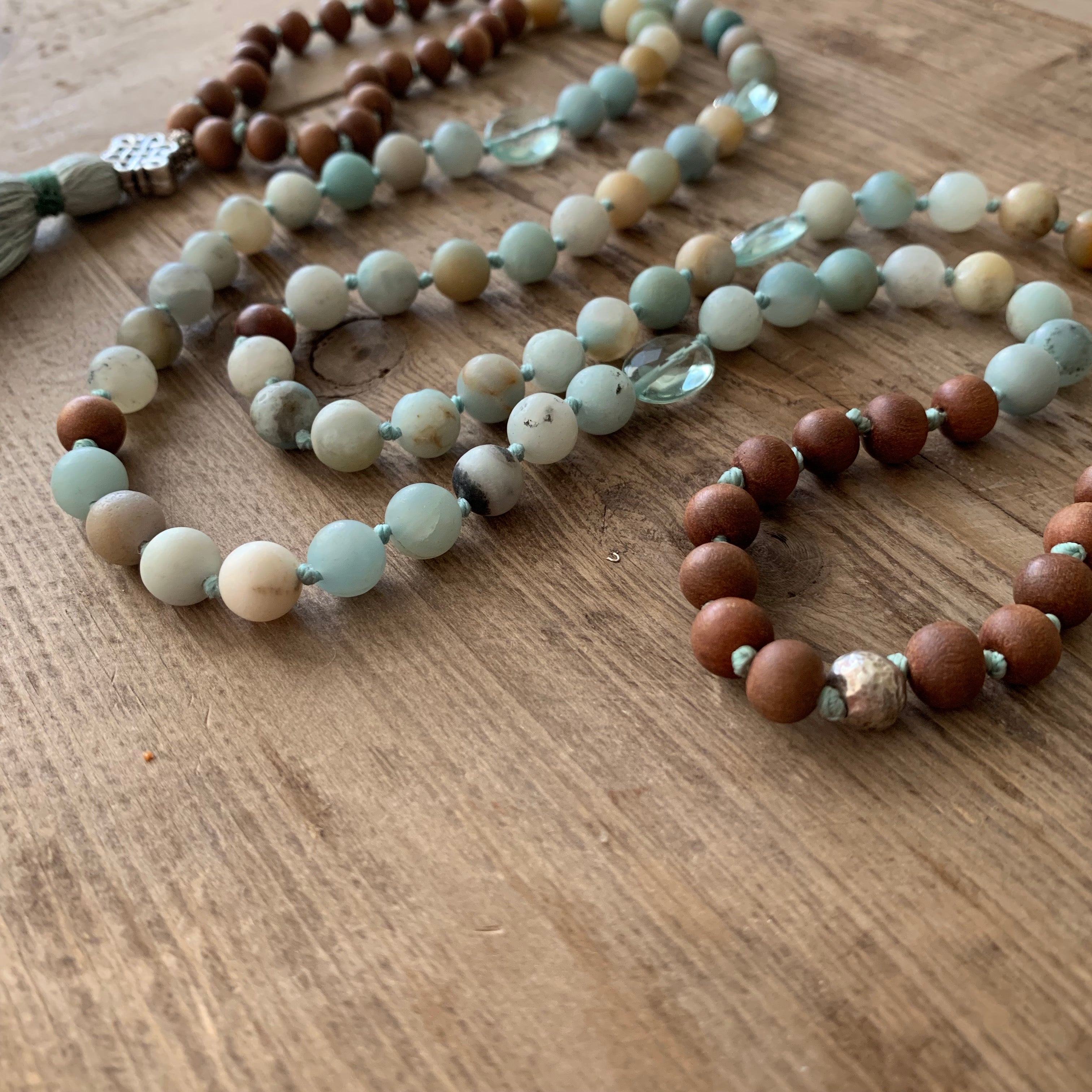 Amazonite and Blue Topaz with Sandalwood 108 Bead Mala with Sterling Silver Knot Guru Bead