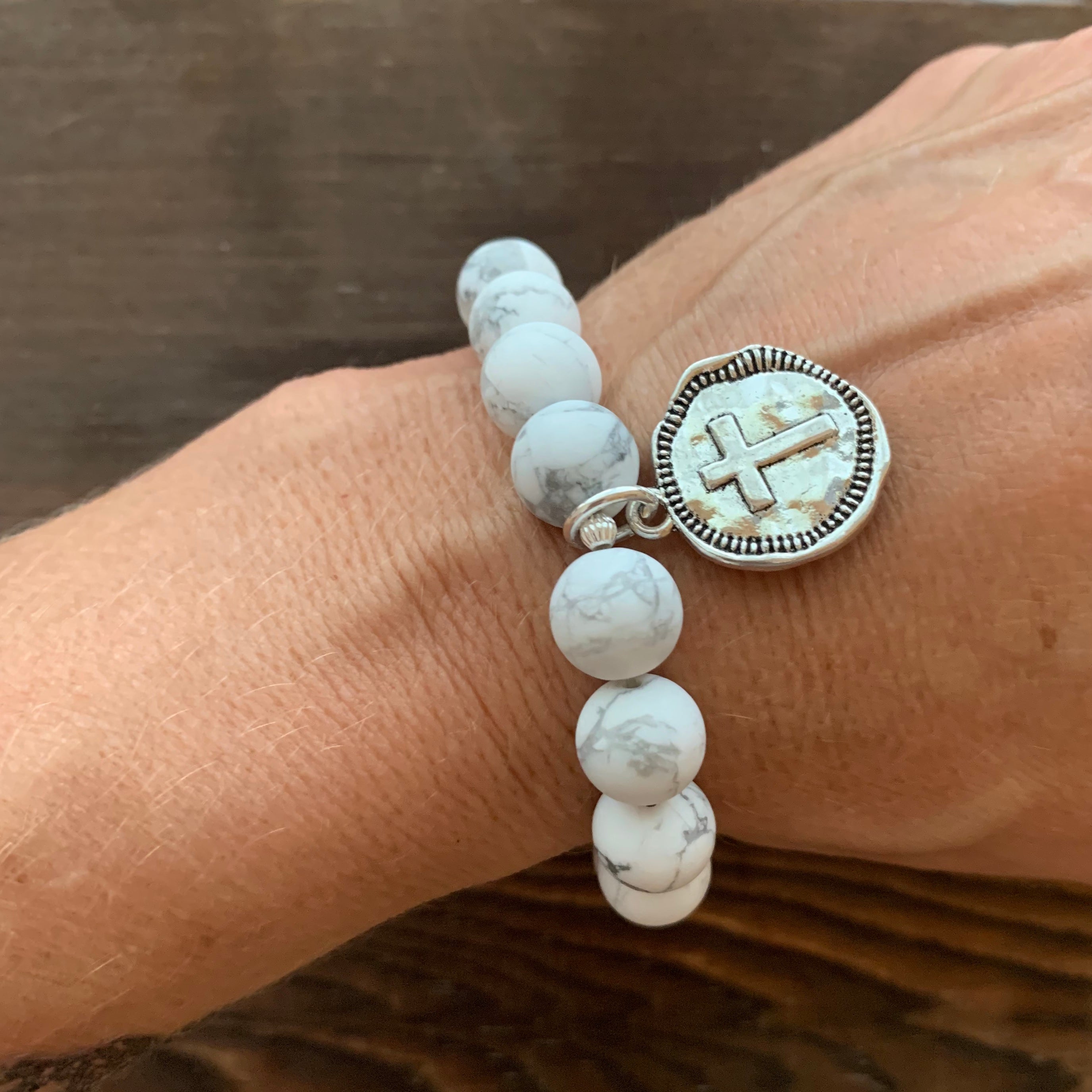 Heavenly Howlite Bracelet with Sterling Silver bead and Stamped Cross Charm