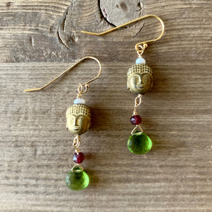 Carved Hematite and Peridot Briolette Earrings with Garnet and Freshwater Pearl