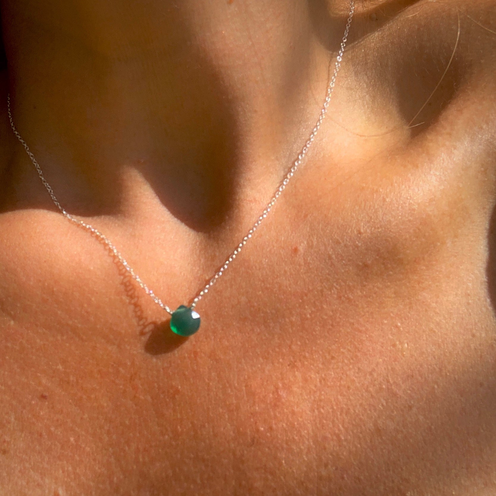 Green Onyx Heart Drop on Gold Filled or Sterling Silver Chain