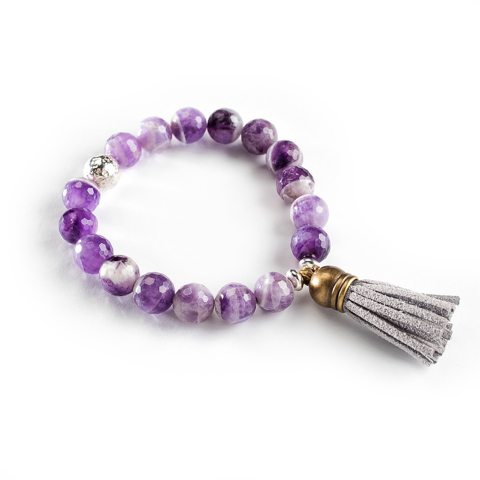 Quiet Meditation Bracelet - Amethyst with Sterling Silver Guru Bead and Tassel